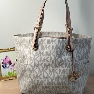 Michael Kors Light Beige MK Logo Tote with Beige Straps